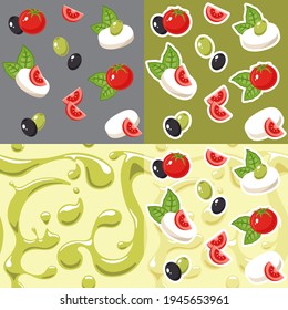 Seamless pattern with Mediterranean style salad ingredients tomatoes, green and black olives, mozzarella cheese, basil leaves and olive oil. In four different background variations.