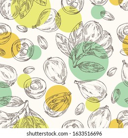 Seamless pattern with medlar japanese: medlar fruit and leaves. Eriobotrya japonica. Vector hand drawn illustration.