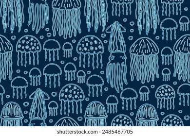 seamless pattern with medusas. Outline marine pattern with blue line art jellyfishes.