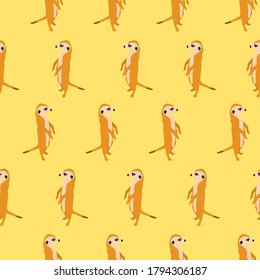 Perfil de Meerkat de patrón sin brillo aislado en fondo amarillo. Graciosa impresión superficial dibujada en diseño plano, vector eps 10