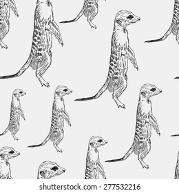 seamless pattern meerkat stands guard alarm attention. black on a gray background