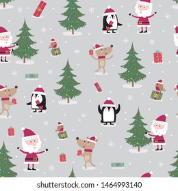 Seamless pattern with meeting between cute Santa Claus, reindeer, robin and penguin on the Christmas celebration, design vector stock illustration