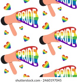 Seamless pattern with megaphone and hearts with rainbow in flat style. Peaceful and equality concept supporting LGBTQ community. Vector hand drawn illustration for Pride month