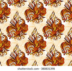 Seamless pattern with mehendi elements. Vintage background in indian batik style. Floral vector illustration in orange brown tone.