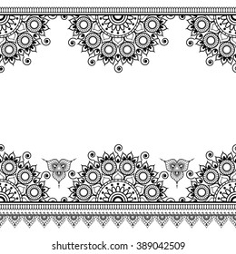 Seamless pattern mehndi borders in Indian style with floral elements for tattoo or card on white background.  Vector illustration