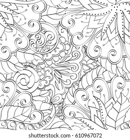 Seamless pattern. Mehndi design. Ethnic monochrome binary doodle texture. Curved doodling black and white background. Vector