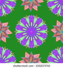 Seamless pattern mehndi floral lace of buta decoration items on green, violet and pink colors. Vector floral wedding decorative elements.