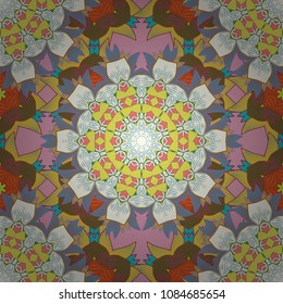 Seamless pattern mehndi floral lace of buta decoration items on neutral, yellow, brown, blue and pink colors. Vector floral wedding decorative elements.
