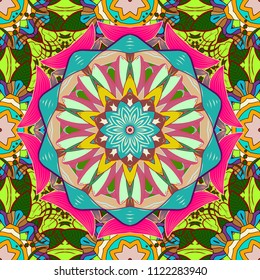 Seamless pattern mehndi floral lace of buta decoration items on green, blue and beige colors. Vector floral wedding decorative elements.