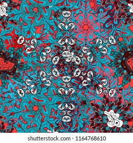 Seamless pattern mehndi floral lace of buta decoration items on blue, black and pink colors. Vector floral wedding decorative elements.