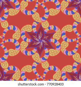 Seamless pattern mehndi floral lace of buta decoration items on pink, neutral and orange colors. Vector floral wedding decorative elements.