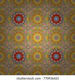 Seamless pattern mehndi floral lace of buta decoration items on yellow, green and violet colors. Vector floral wedding decorative elements.