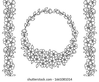 Seamless pattern of mehndi flower and border for Henna drawing and tattoo. Decorative doodle ornament in ethnic oriental, Indian style. Outline hand draw vector illustration. Frame of Sakura branches.