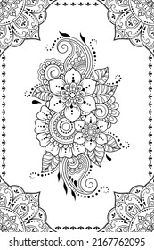 Patrón sin foco de flor mehndi y borde para el dibujo y tatuaje de Henna. Decorativo adorno de doodle en estilo étnico oriental, indio. Ilustración vectorial de dibujo manual de contorno.