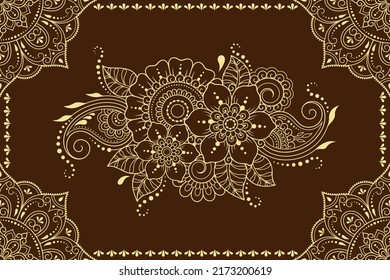 Seamless pattern of mehndi flower and border for Henna drawing and tattoo. Decorative doodle ornament in ethnic oriental, Indian style. Outline hand draw vector illustration.