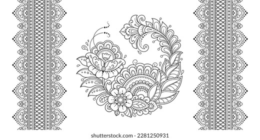 Seamless pattern of mehndi flower and border for Henna drawing and tattoo. Decorative doodle ornament in ethnic oriental, Indian style. Outline hand draw vector illustration.