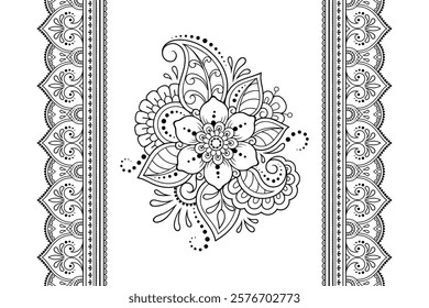 Seamless pattern of mehndi flower and border for Henna drawing and tattoo. Decorative doodle ornament in ethnic oriental, Indian style. Outline hand draw vector illustration.