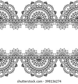 Seamless pattern mehndi Indian borders with mirrored flowers and geometric elements for tattoo. Vector illustration isolated on white background