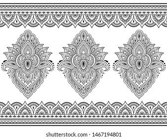 Seamless pattern of mehndi lotus flower and border for Henna drawing and tattoo. Decorative doodle ornament in ethnic oriental, Indian style. Outline hand draw vector illustration.