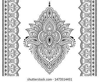 Seamless pattern of mehndi lotus flower and border for Henna drawing and tattoo. Decorative doodle ornament in ethnic oriental, Indian style. Outline hand draw vector illustration.