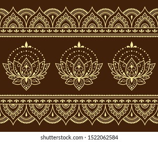 Seamless pattern of mehndi lotus flower and border for Henna drawing and tattoo. Decorative doodle ornament in ethnic oriental, Indian style. Outline hand draw vector illustration.