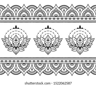 Seamless pattern of mehndi lotus flower and border for Henna drawing and tattoo. Decorative doodle ornament in ethnic oriental, Indian style. Outline hand draw vector illustration.