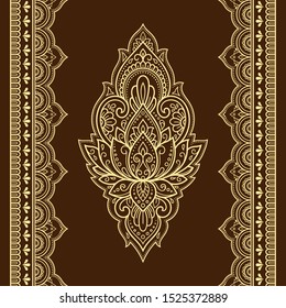 Patrón sin inconvenientes de flor de loto mehndi y frontera para el dibujo y tatuaje de Henna. Decorante adorno de doodle en estilo étnico oriental, indio. Dibujo manual de esquema de ilustración vectorial.