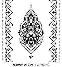 Seamless pattern of mehndi lotus flower and border for Henna drawing and tattoo. Decorative doodle ornament in ethnic oriental, Indian style. Outline hand draw vector illustration.