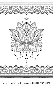 Seamless pattern of mehndi lotus flower and border for Henna drawing and tattoo. Decorative doodle ornament in ethnic oriental, Indian style. Outline hand draw vector illustration.