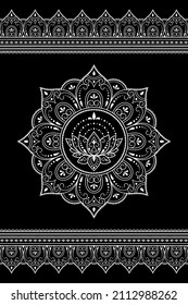 Seamless pattern of mehndi lotus flower and border for Henna drawing and tattoo. Decorative doodle ornament in ethnic oriental, Indian style. Outline hand draw vector illustration.