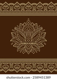 Seamless pattern of mehndi lotus flower and border for Henna drawing and tattoo. Decorative doodle ornament in ethnic oriental, Indian style. Outline hand draw vector illustration.