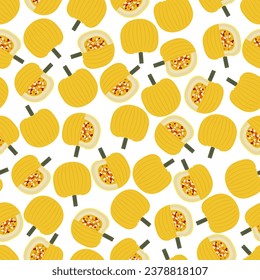 Seamless pattern with Mellow Yellow Pumpkin. Winter squash. Cucurbita pepo. Fruit and vegetables. Flat style. Isolated vector illustration.