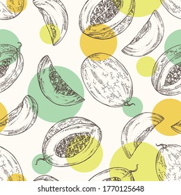 Seamless pattern with melon: melon fruit and slice. Vector hand drawn illustration