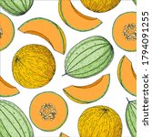 Seamless pattern with melon. Hand drawn background. Colorful illustration. Vector illustration. Melon slice.