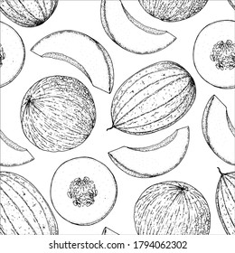 Seamless pattern with melon. Hand drawn sketch. Black and white style illustration. Vector illustration. Melon slice.