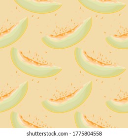 Seamless pattern with melon. Juicy and ripe melon slices. Summer background. Wrapping paper, print, wallpaper. Vector illustration.