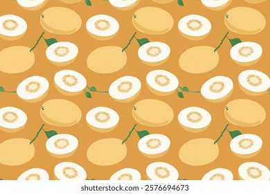 Seamless pattern with melon on a yellow background. Vector illustration
