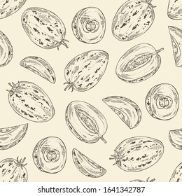 Seamless pattern with melon pear: pepino fruit, melon pear slice and leaves. Solanum muricatum. Vector hand drawn illustration.