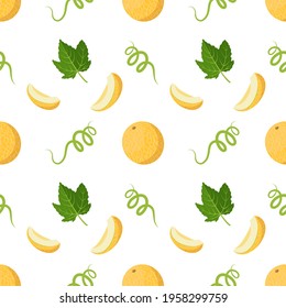 Seamless pattern with melons, curls and leaves. Cute summer print with whole and half fruits. Festive decoration for textiles, wrapping paper and design. Vector flat illustration