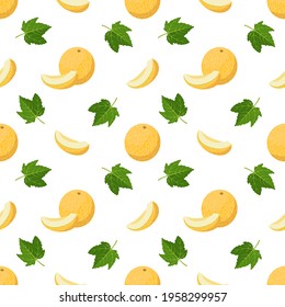Seamless pattern with melons, curls and leaves. Cute summer print with whole and half fruits. Festive decoration for textiles, wrapping paper and design. Vector flat illustration
