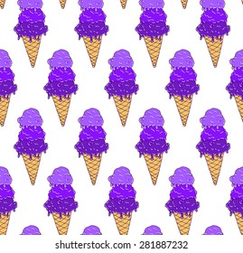 Seamless pattern with melted ice cream. Three scoops of ice cream in a waffle cone