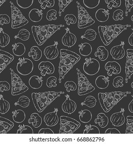 seamless pattern of melted pizza with vegetables using sketchy or hand drawing style on black background