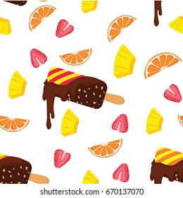 seamless pattern melting chocolate ice cream ,pieces of fruit, orange, pineapple,strawberry