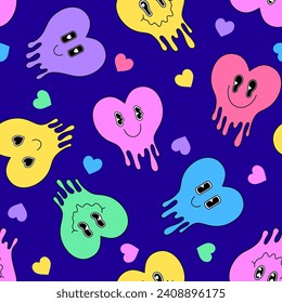 Seamless pattern with melting hearts in cartoon style on white background.