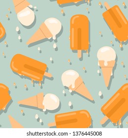 A seamless pattern of melting ice creams and ice pops