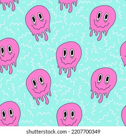 Seamless pattern of melting trippy face. Funny cartoon illustration. Comic print for graphic tee, textile, card, wrapping paper. Psychedelic style.