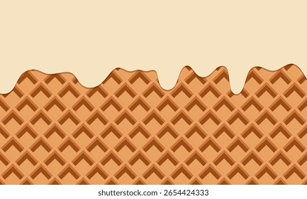 Padrão perfeito com waffles derretendo e creme. Esfregaços de leite branco ou correntes de sorvete de textura macia para um design de sobremesa doce
