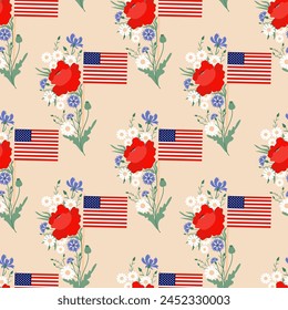 Seamless pattern Memorial Day. American flag with bouquet flowers red poppy, blue cornflowers and white chamomile. Vector illustration for design of national holidays and independence day