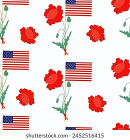 Patrón sin fisuras Memorial Day. Bandera americana con flores de amapola roja sobre fondo blanco. Ilustración vectorial para el diseño de fiestas nacionales tradicionales y Día de la Independencia
