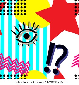 Seamless pattern "Memphis". Bright pattern with stripes, geometric eye, red star. For wrapping paper, textiles, background